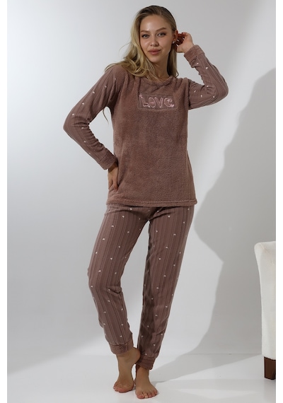 Wordex Fawn 5019 Peluş Welsoft Polar Kışlık Yumoş Kadın Pijama Takımı Love Vizon