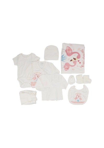 Bebegen Kız Bebek Ekru Pembe Flamingo Desenli 10 Parça Hastane Çıkışı Çok Renkli