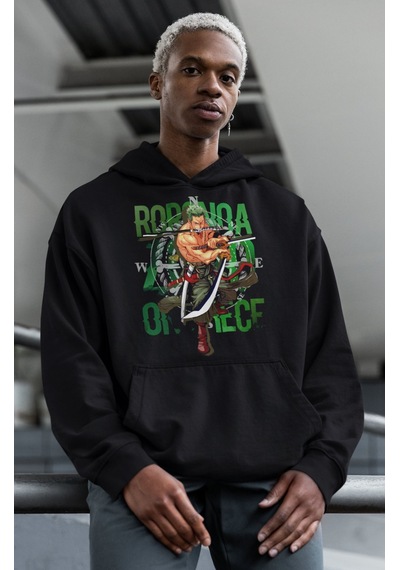 Sevbano Roronoa Zoro Baskılı Unisex Oversize One Piece Anime Hoodie Siyah