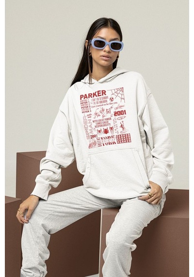 Sevbano Parker Spider-man Baskılı Unisex Oversize Örümcek Adam Hoodie Beyaz