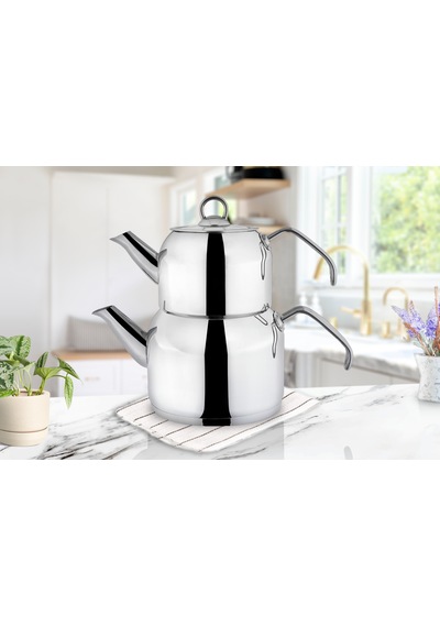 Çelik Çaydanlık Metal Kulplu Silindir Model Çelik