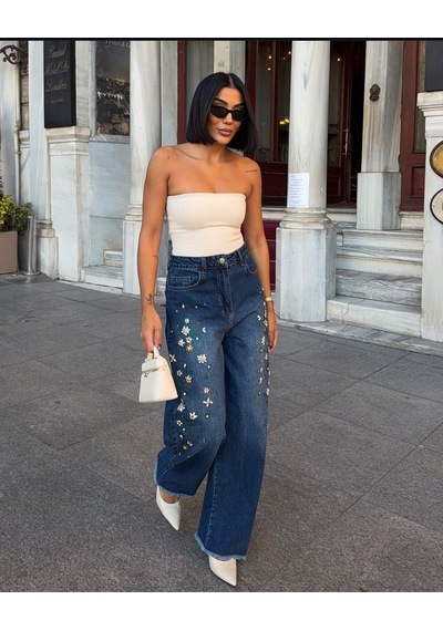 Genel Taş Detaylı Bol Paça Jeans Koyu Lacivert