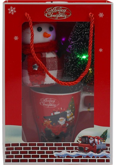 Özel Işıklı Hediye Kutusunda Yılbaşı Figürü & Masaüstü Çam Ağacı & Kupa & Kaşık Yeni Yıl Noel Premium Hediye Seti