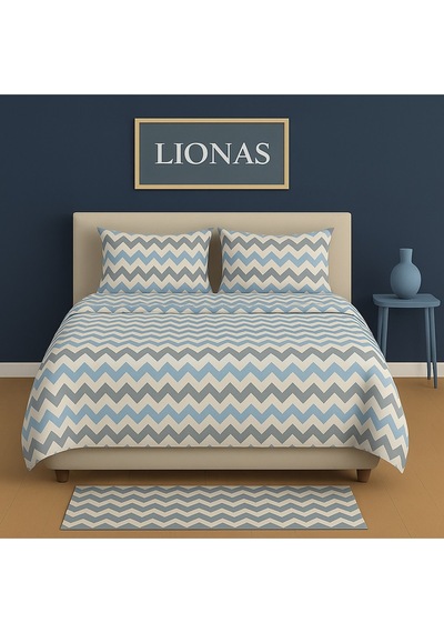 Lionas Çift Kişilik Desenli Nevresim + 2 Adet Kapaklı Yastık Kılıfı MAVI