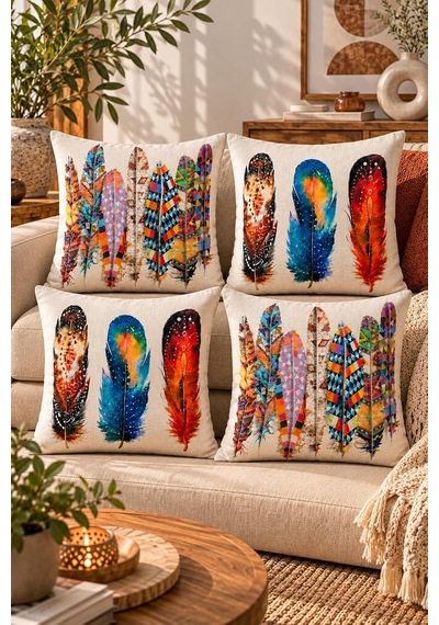 4'lü Set Bohem Etnik Tüy Motifli Dekoratif Kırlent Kılıfı 43x43 Cm - Renkli Dijital Baskılı Salon Yastık Kılı Diğer
