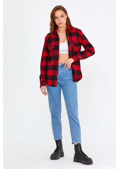 Tarz Cool Kadın Kırmızı Slim Fit Cepli Ekoseli Oduncu Gömlek-kkkodg001r07s Kırmızı