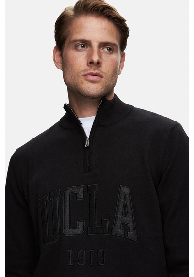 Ucla Arthur Siyah Yarım Fermuarlı Nakışlı Standard Fit Erkek Triko Siyah