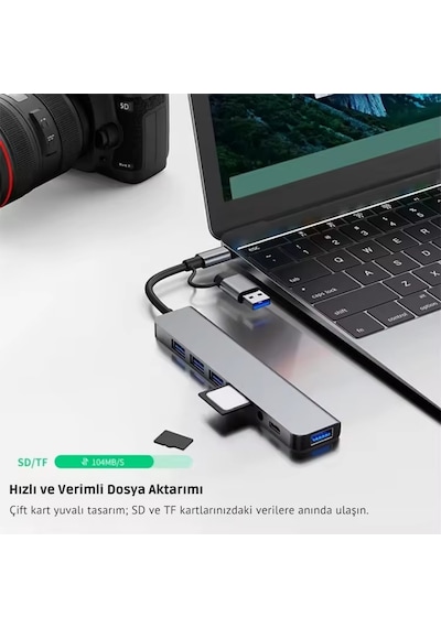 Alfais 6010 8 İn 2 Usb-c & Usb 3.0 Hub Çoklayıcı Usb, Type-c, Sd/tf Ve Aux Çevirici