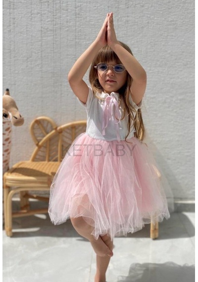 Ketbaby Kız Çocuk Kurdeleli Tül Etek Kısa Kol Elbise Pembe Pembe