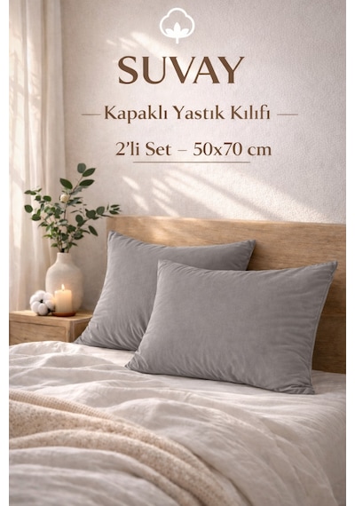2'li Yastık Kılıfı Gri Pamuklu Kapaklı 50x70 Cm