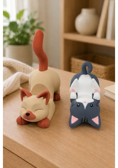 2'li Set Kedi Figürlü Telefon Tutucu Stand - 3d Baskı Ofis Masaüstü Aksesuarı Ve Biblo