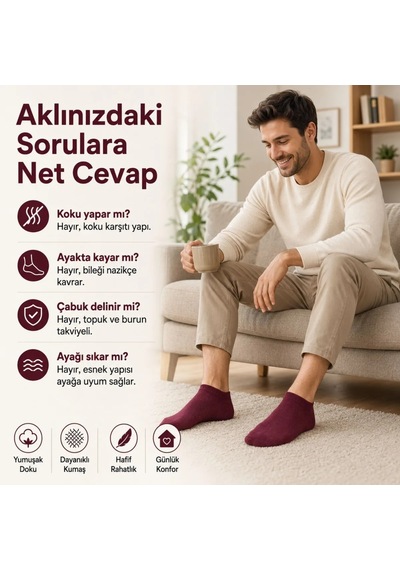 Genel Erkek Pamuklu Patik Çorap 12'li 39-44 Dikişsiz Burun, Koku Karşıtı, Nefes Alan Sne Bordo / 39-44