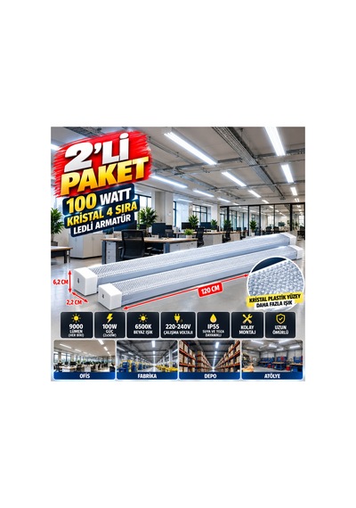 2'li Paket 100w Kristal Yatay Led Bant Armatür 120 Cm 6500k Beyaz Işık 9000 Lümen Ip55 4 Sıra Ledli Kırılmaz Plastik - 939563060 Diğer 2'li Paket 100w Kristal Yatay Led Bant Armatür 120 Cm 6500k Beyaz Işık 9000 Lümen Ip55 4 Sıra Ledli Kırılmaz Plastik - 939563060 Diğer