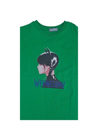 Mon Cherry Kız Çocuk Wednesday Baskılı Yeşil Tshirt-12875 Yeşil