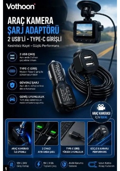 Araç Kamera Şarj Adaptörü 2 Usb Li Type-c Girişli 3. 5 Metre Kablo Uzunluğu Ürün Kamera Değildir