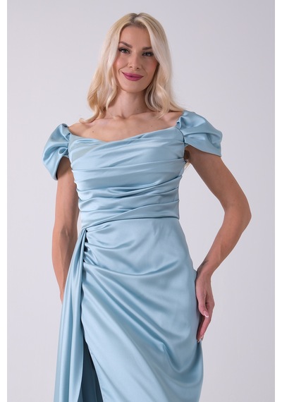 Feminist Turkuaz Drape Detaylı Saten Kumaş Abiye Elbise 9704858.14