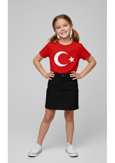 Nacar Store Kız Çocuk Ayyıldız Bayrak Baskılı T-shirt Ve Keten Etek Takım 23 Nisan-özel Bayramlar Kırmızı-siyah