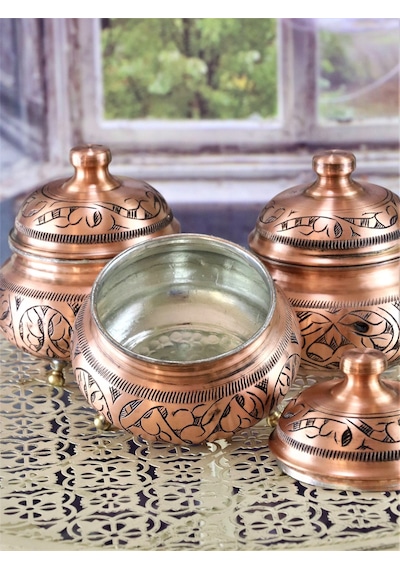 Üçlü Eskitme Kazılmış Bakır Baharatlık Bakır