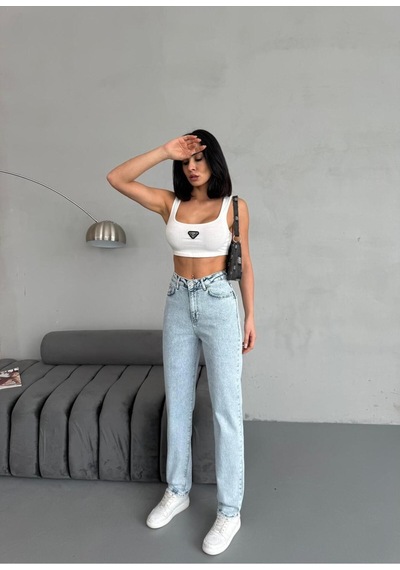 Ara Beden Blue Snow Wash Lycra Mom Jean Mavi