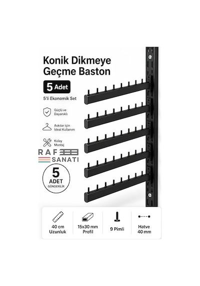 5 Adet - Konik Dikmeye Geçme Baston Askı 40 Cm Mağaza Giyim Raf Askılık Aparatı Siyah