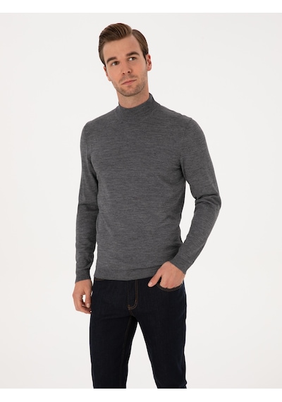 Cacharel Füme Slim Fit Yün Karışımlı Yarım Balıkçı Basic Triko Kazak Gri