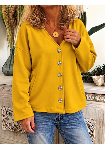 Veraura Lifestyle Kadın Düğme Detaylı V Yaka Oversize Hardal Sarısı Ceket / Hırka