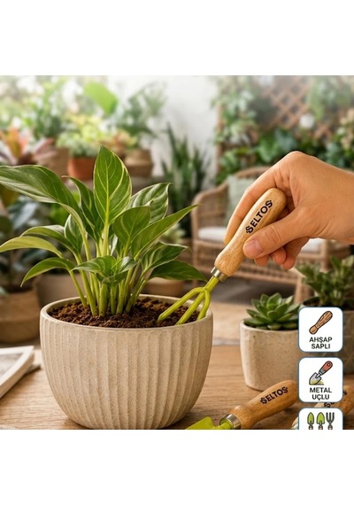 Mini Bahçe El Aletleri Seti Ahşap Saplı Saksı, Fide Ve Çiçek Bakımı