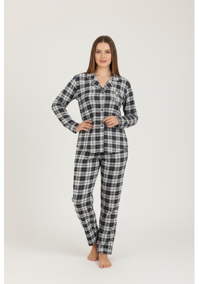 Bravie Luxury Viscose Lacivert Ekose Desenli Kadın Uzun Kollu Büyük Beden Pijama Takımı 42527 Gümüş