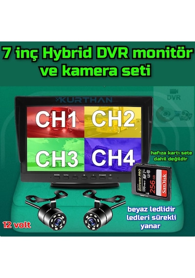 7'' Hybrid Dvr Monitör + 2 Adet Beyaz Ledli Kelebek Kamera 256 Gb