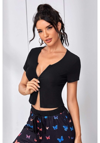Angbutik Kadın Siyah Çift Fermuarlı Yarım Kol Crop Top Bluz