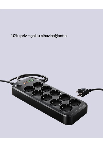 10 Lu Çoklu Priz Termal Korumalı Usb Type-c Çıkışlı 2500w Uzatma Kablosu 2