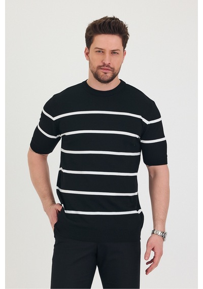 Cool Tarz Erkek Bisiklet Yaka Kalın Çizgi Detaylı Kısa Kollu Ince Triko T-shirt Siyah Siyah