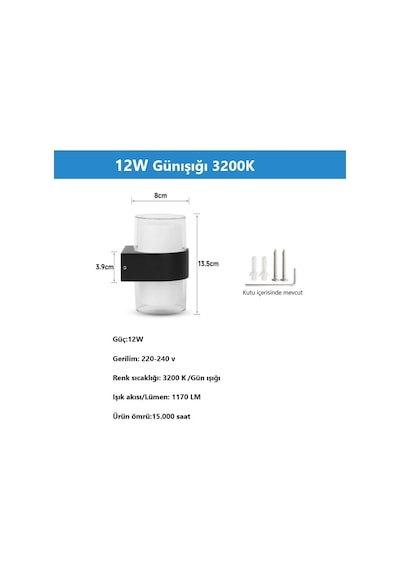 Duvar Led Lamba 12w Gün Işık 3200k Bahçe Teras İç&dış Mekan Gün Işığı