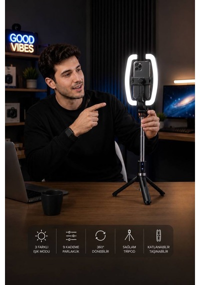 Monopod Tripod Led Işık Selfie Kumandalı Tripod 138cm Canlı Yayın Telefon Tutcusuraylax Led Işıklı Selfie Çubuğu Tripod 138 Cm Bluetooth Kumandalı Telefon Tutucu