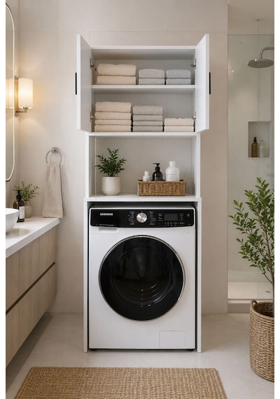 Alesta Life Çamaşır Makinesi Dolabı, Çamaşır Makinesi Üstü Düzenleyici, Banyo Dolabı, Makine Üstü Dolap Beyaz