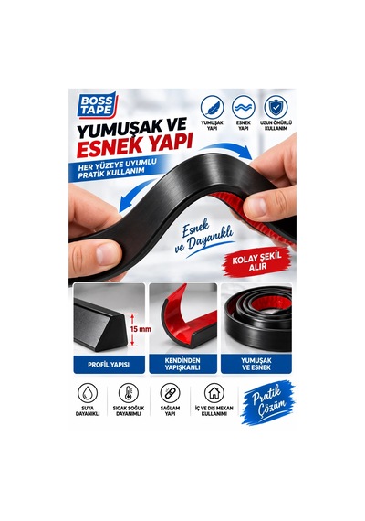 Kendinden Yapışkanlı Su Bariyeri Siyah 2 Metre 15 Mm Esnek Duşakabin Su Tutucu Bant Su Bariyeri