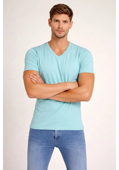 Barlashive Erkek Body T-shirt V Yaka Slim Fit Likralı Kısa Kol Tişört - Turkuvaz Çok Renkli Barlashive Erkek Body T-shirt V Yaka Slim Fit Likralı Kısa Kol Tişört - Turkuvaz Çok Renkli