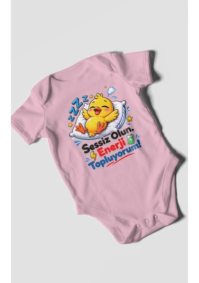 Morivokids Sessiz Olun, Enerji Topluyorum Kısa Kollu Bebek Body %100 Pamuk Koyu Pembe
