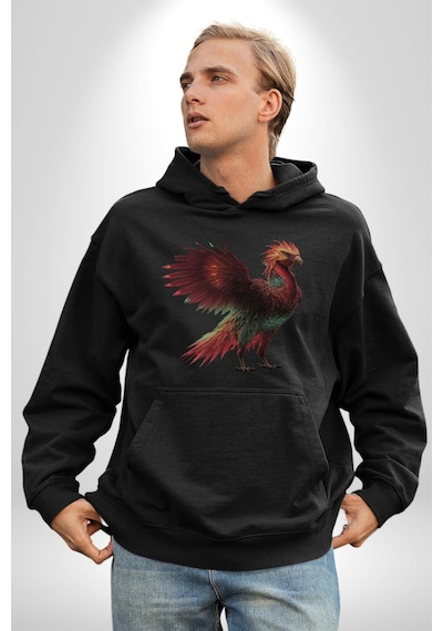 Anka Kuşu Ateş Kuşu Kadın Erkek Siyah Kapüşonlu Sweatshirt Hoodie Siyah