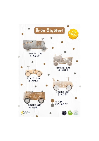 Çocuk Odası Duvar Sticker 191 Parça Araba Araç Ve Puantiye Temalı Duvar Çıkartması Çok Renkli