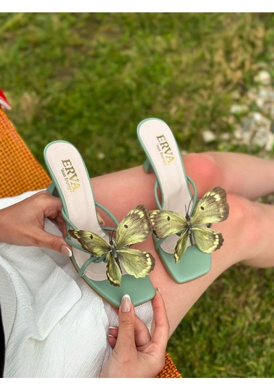 Erva'nın Butiği Mint Yeşili Cilt Butter Yeşil Kelebek Topuklu Kadın Terlik-5895