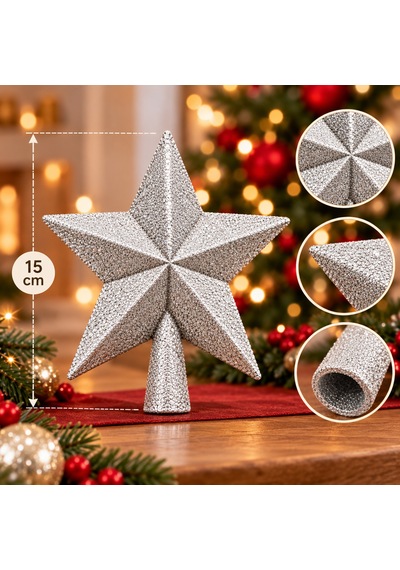 Bakgelal Lüks Yılbaşı Çam Ağacı Tepeliği - 15x15 Cm Işıltılı Simli Gümüş Silver Yıldız Ağaç Süsü - 9000034886107 Diğer