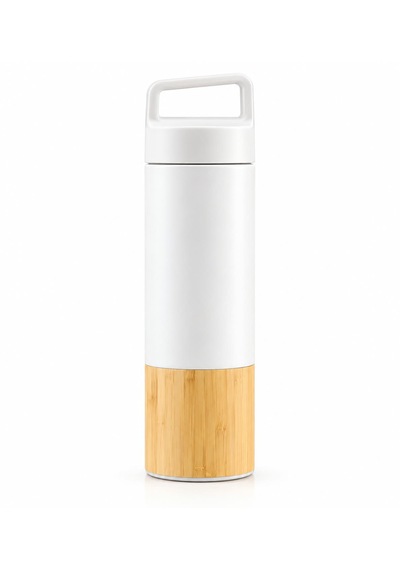 Beyaz & Bambu Detaylı Termos 600 Ml