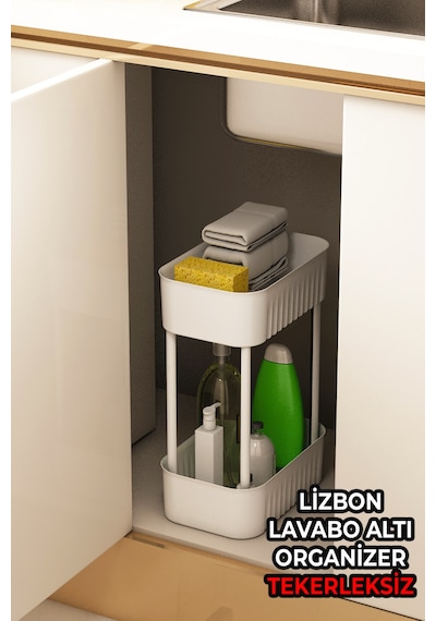 İndecor Houseware Lizbon Çok Amaçlı 2 Katlı Banyo Organizer Düzenleyici Dolap Içi Tezgah Altı Tekerleksiz Organizer Beyaz