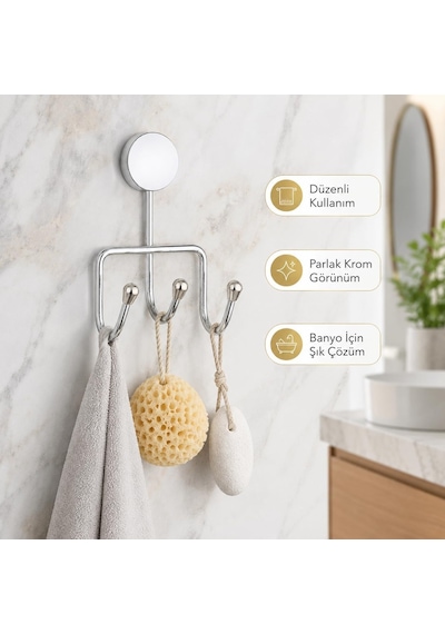 Alper Banyo İris Krom Kaplama Üçlü Askılık, Yapışkanlı Ve Vidalı Montajlı Duvar Askısı, 35 Mm Oval Bantlı Diğer