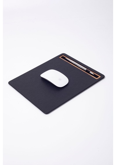 Turgut Office Deri Mousepad Siyah Ahşap Detaylı