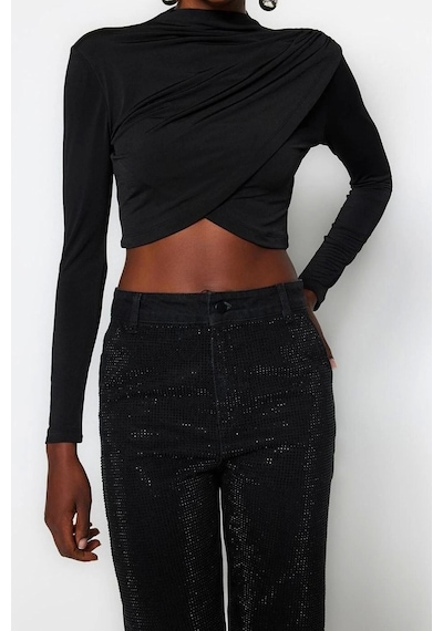 Ersefa Moda Dik Yaka Örme Slim Düz Desen Şık Gece Crop Uzun Kol Bluz Siyah