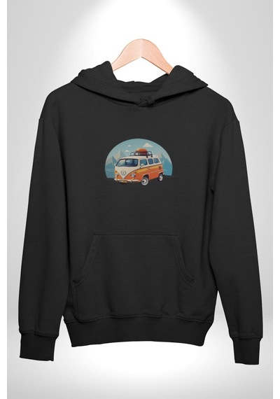 Wolkswagen Karavan Kış Gezisi Kadın Erkek Siyah Kapüşonlu Sweatshirt Hoodie Siyah