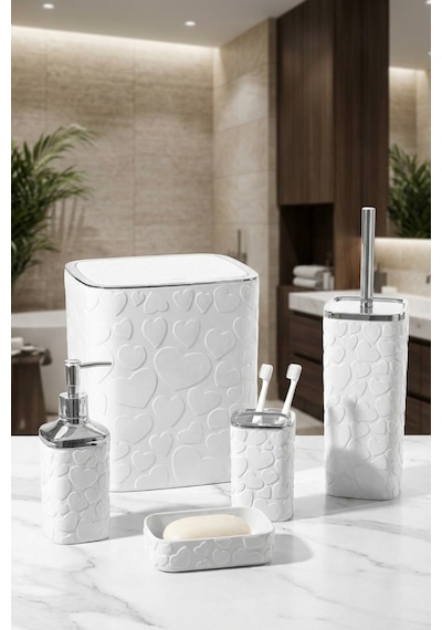 Makri Home 5 Parça Banyo Seti, Kalp Desenli, Beyaz Silver, Kare, Click Kapaklı, Hacim: 8 Litre Beyaz