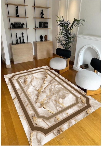 STY Home Krem Kahverengi Dijital Baskı Salon Halısı Kaymaz Tabanlı Yıkanabilir Halı Yolluk7 Kahverengi